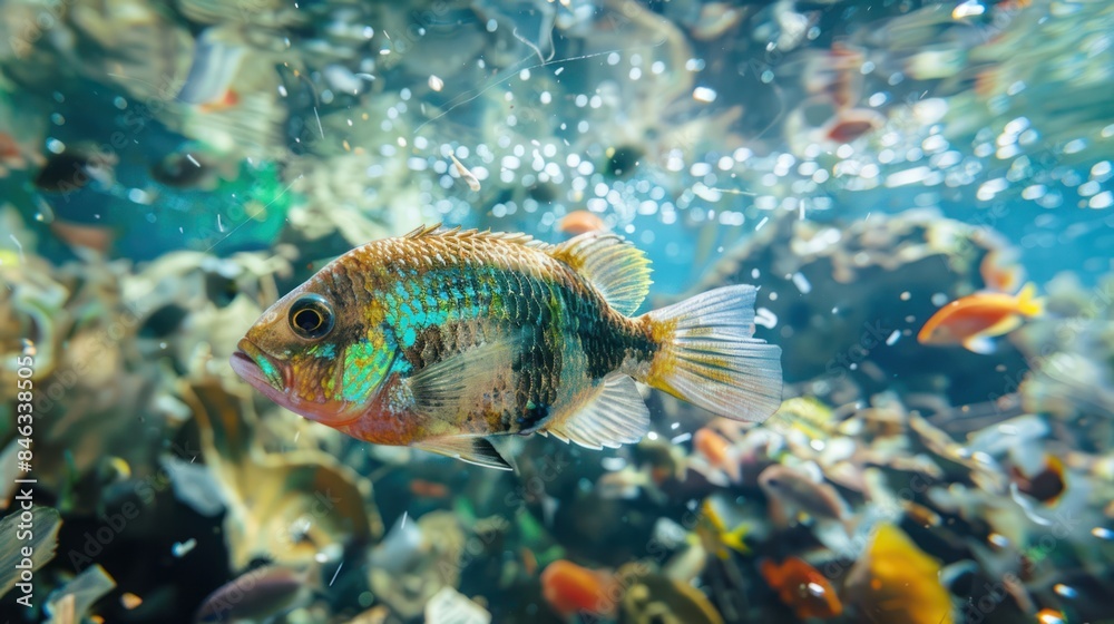 Fototapeta premium Fish Trapped in Plastic Debris: Show small fish or marine organisms trapped amidst plastic waste, struggling to navigate through a polluted underwater environment. 