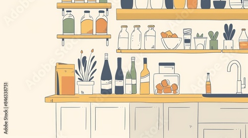 Illustration of a modern kitchen with shelves filled with bottles, plants, and kitchenware. Clean lines and a neutral color palette with soft pastel accents create a cozy and inviting atmosphere. 
