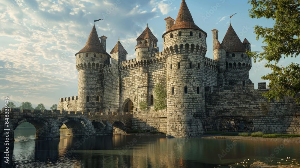 Obraz premium A towering medieval castle with stone walls.