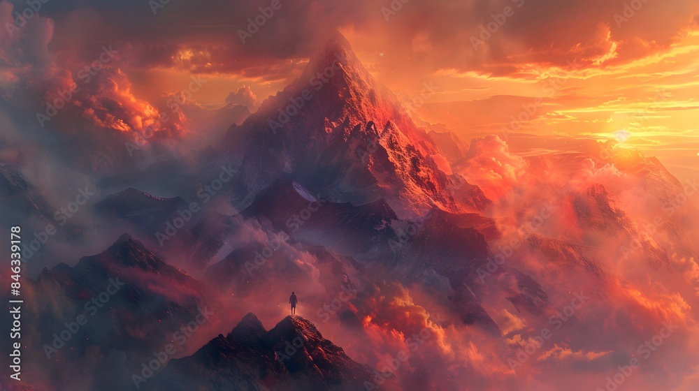 Surreal Mountain Landscape with Solitary Silhouetted Figure Gazing at Dramatic Sunset Sky
