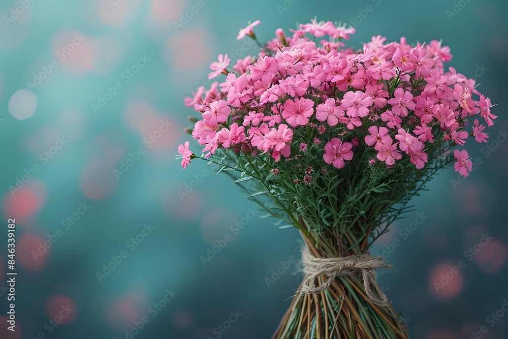 Vibrant Pink Flowers Bouquet with Green Stems on Blurred Blue Background for Spring Design Vibrant Pink Flowers Bouquet with Green Stems on Blurred Blue Background for Spring Design