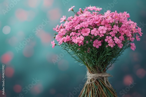 Vibrant Pink Flowers Bouquet with Green Stems on Blurred Blue Background for Spring Design