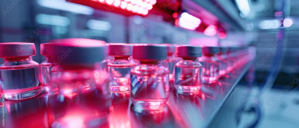 High-tech medicine manufacturing process with vials on a production line under red lights Close-up shot highlighting the sterile conditions and advanced machinery High-tech medicine manufacturing process with vials on a production line under red lights Close-up shot highlighting the sterile conditions and advanced machinery