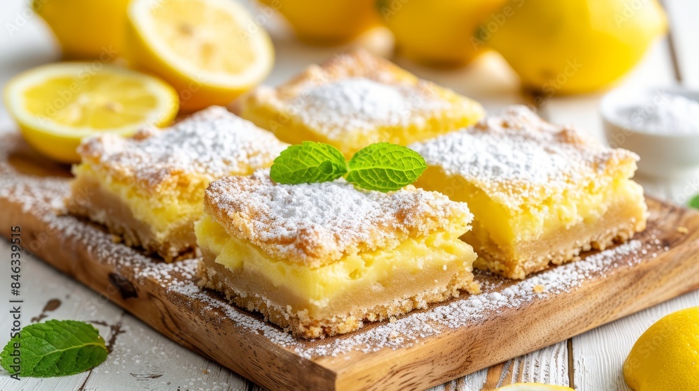 Lemon bars on a cutting board, topped with powdered sugar and fresh mint Serve with additional lemons and mint for garnish Lemon bars on a cutting board, topped with powdered sugar and fresh mint Serve with additional lemons and mint for garnish