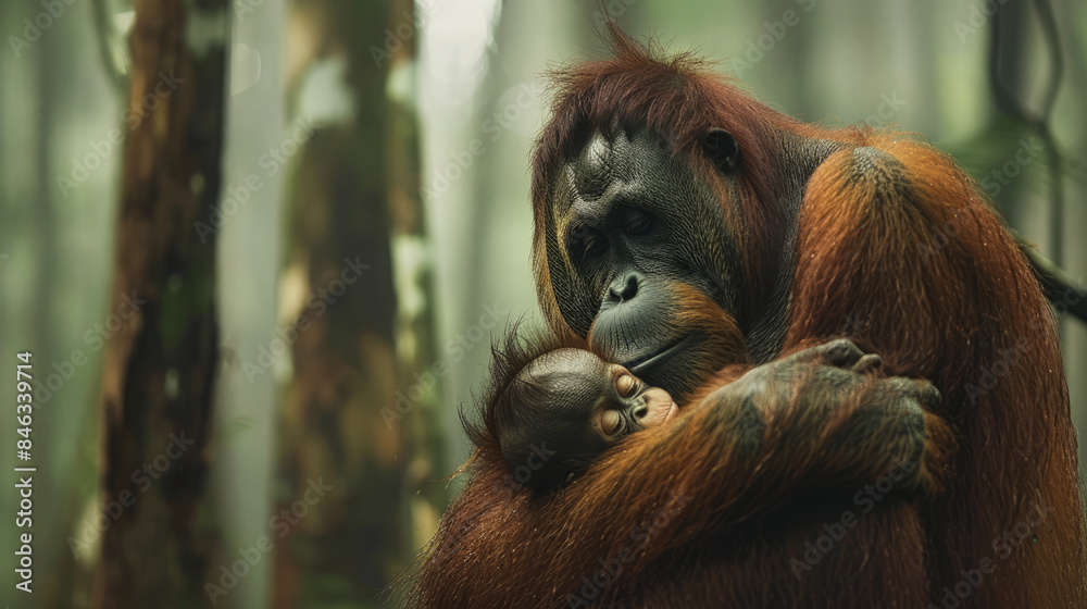 Fototapeta premium Orangutan Mother Cradling Infant