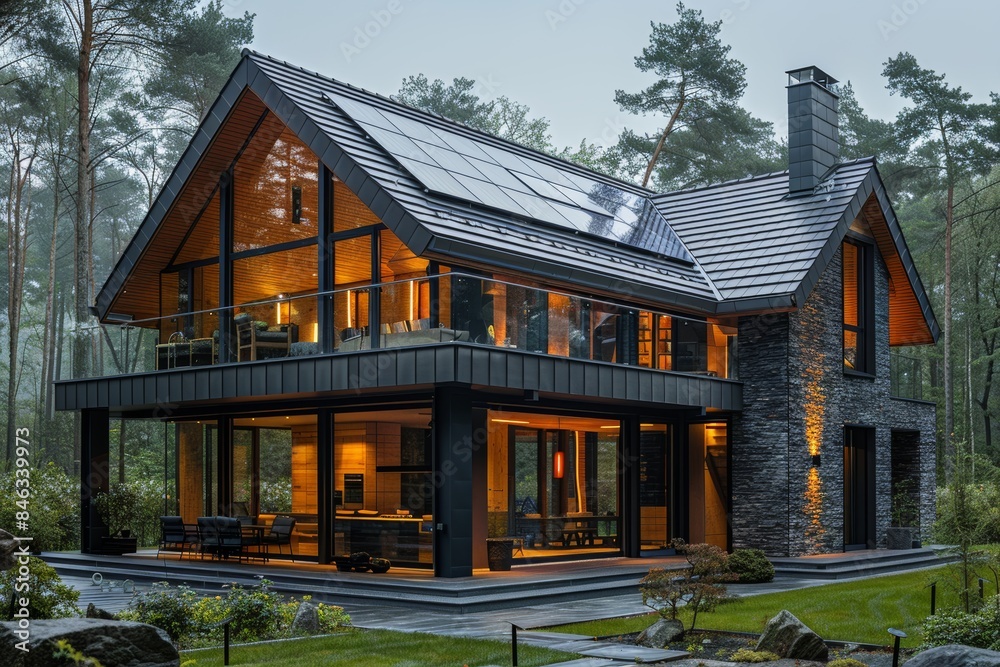 Off-Grid Paradise: Contemporary forest residence with solar panels and green architecture. Off-Grid Paradise: Contemporary forest residence with solar panels and green architecture.