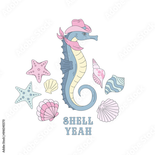 Howdy sea horse cowboy with shells vector illustration. Coastal Western pre-made card 