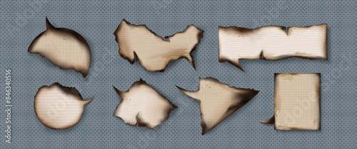 Grunge paper speech bubbles with burnt edges and stains. Realistic 3d vector illustration set of vintage brown textured scorched parchment pieces. Speak and think message rough scrapbook frame.