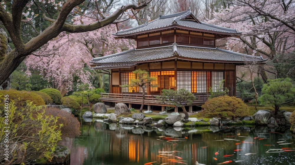 Visualize a traditional Japanese tea house in a serene garden with cherry blossoms and a koi pond Visualize a traditional Japanese tea house in a serene garden with cherry blossoms and a koi pond