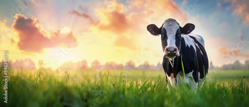 Dairy cow standing on a lush green grass field with a bright sky in the background