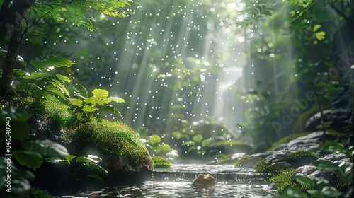 Jungle forest  misty rain is falling on moss covered rocks and tree trunks with green leaves. A small stream flows through it as sunlight filters through foliage creating soft light. Generative AI.