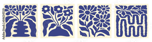 Abstract botanical set square posters with various blossom groovy flowers. Naive art decor. Blue and beige colors. Trendy hand drawn vector illustration