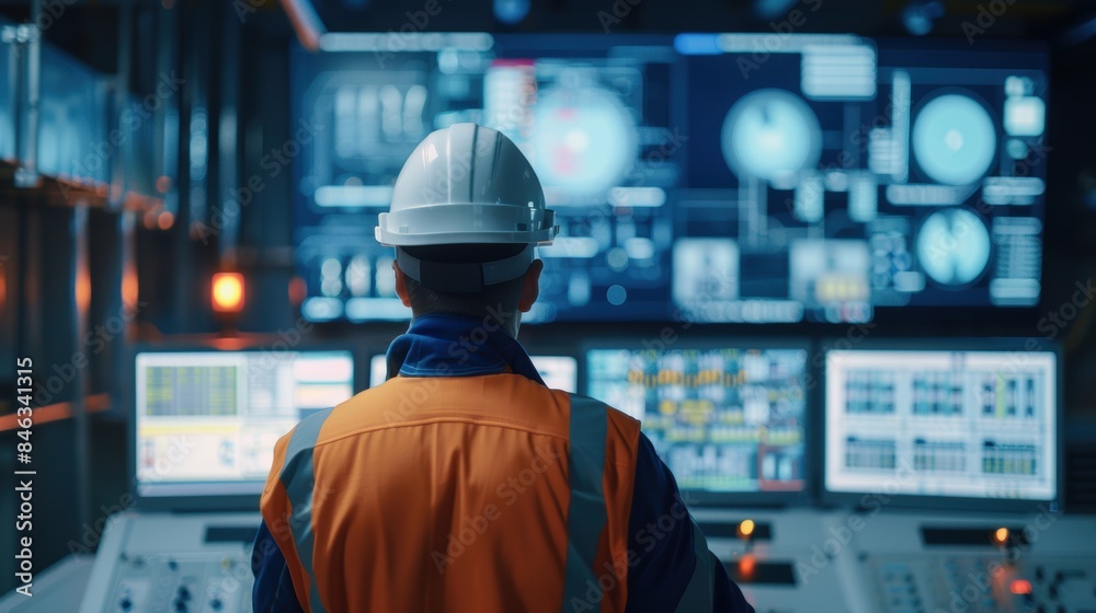 Control room in a clean energy company, filled with advanced systems for monitoring grid technologies, with an engineer in safety gear Control room in a clean energy company, filled with advanced systems for monitoring grid technologies, with an engineer in safety gear