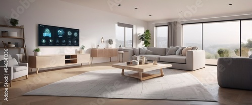 illustrate the concept of the Internet of Things with an image of a smart home, featuring various connected devices and appliances, shot from a low angle with a wide-angle lens