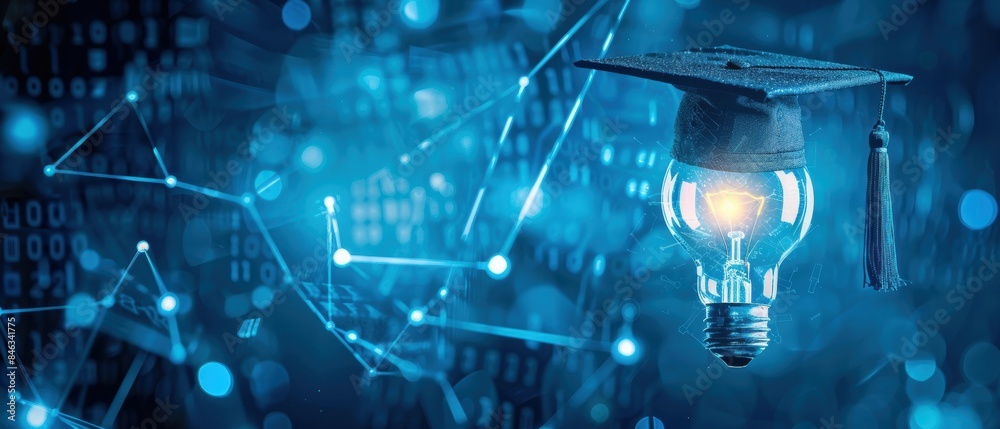 Blue background showcasing a light bulb and graduation cap, symbolizing advanced education technology Blue background showcasing a light bulb and graduation cap, symbolizing advanced education technology