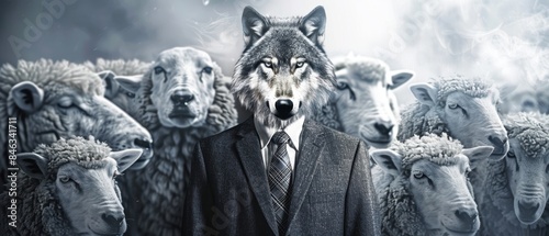 Business betrayal imagery with a wolf in a suit among sheep, highlighting the theme of hidden agendas in the corporate world