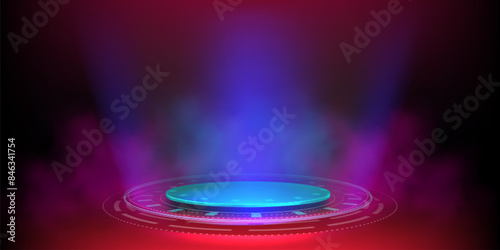 Tech hologram light podium with blue neon glow and beams on dark red background with smoke clouds. Realistic vector illustration of futuristic sci fi game portal. Cyberpunk digital platform.
