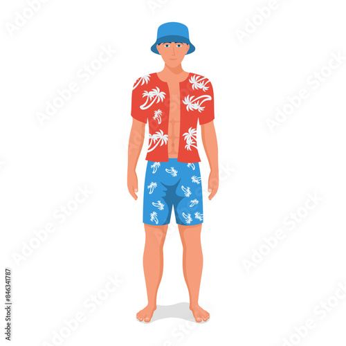 Man in a beach shirt and shorts. Panama hat on head, bare feet. Suitable for accommodating a person on vacation or at the beach. Vector illustration flat design. Isolated on white background.