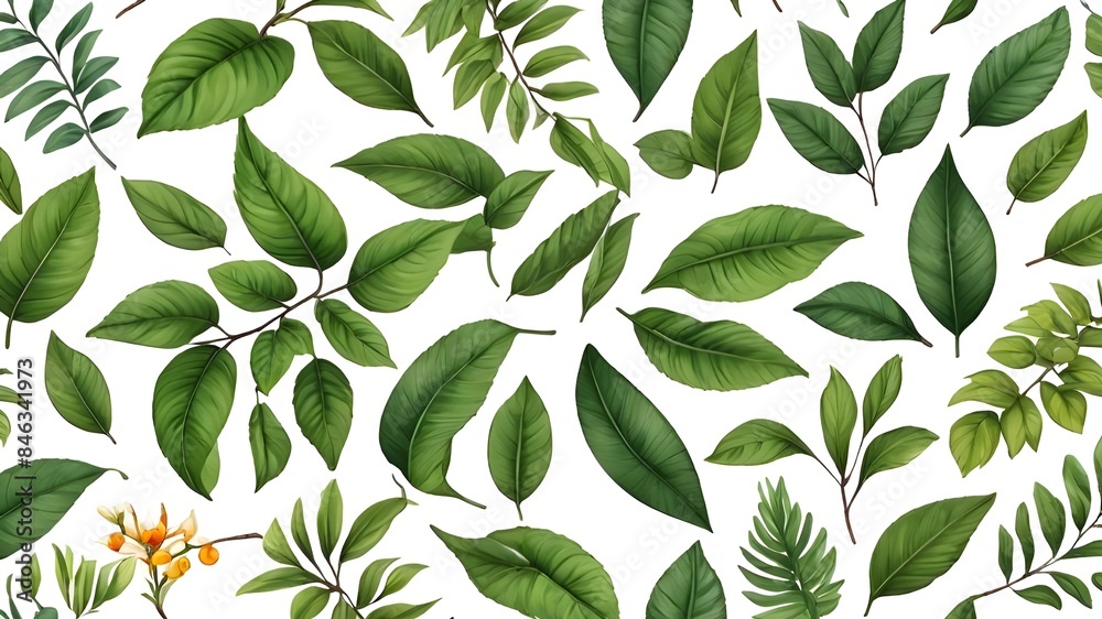 Floral leaves drawn with summer branches isolated white background Floral leaves drawn with summer branches isolated white background