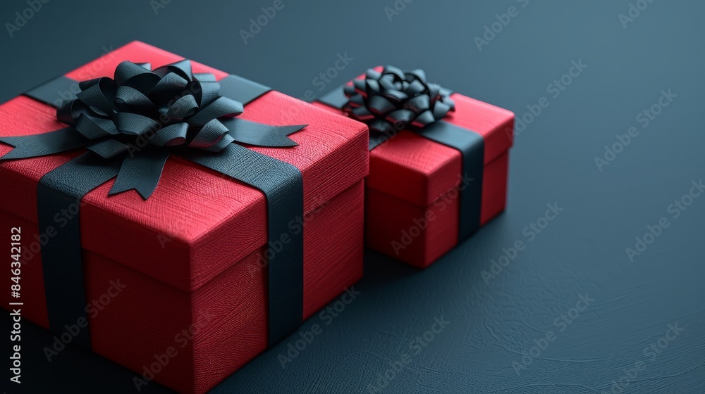 Obraz premium Three beautifully wrapped gift boxes, adorned with festive ribbons and bows, stand out against a rich dark blue background, creating a sense of anticipation and excitement