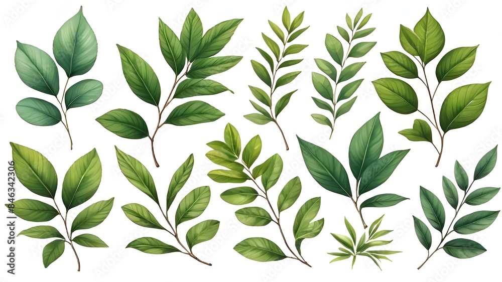 Floral leaves drawn with summer branches isolated white background Floral leaves drawn with summer branches isolated white background