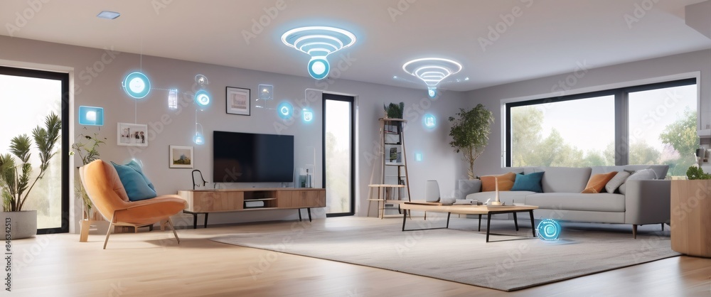 illustrate the concept of the Internet of Things with an image of a smart home, featuring various connected devices and appliances, shot from a low angle with a wide-angle lens illustrate the concept of the Internet of Things with an image of a smart home, featuring various connected devices and appliances, shot from a low angle with a wide-angle lens