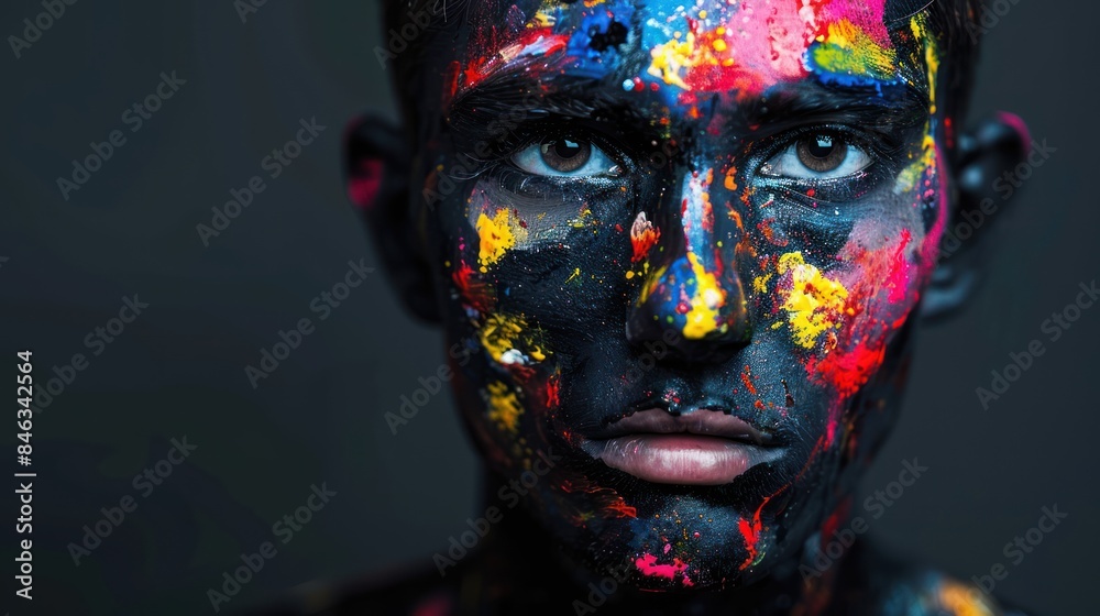 Illustrate the depth of human emotion with a dynamic stock photo featuring a portrait of a young man painted in bold black hues, his face adorned with expressive splashes of red, yellow. Illustrate the depth of human emotion with a dynamic stock photo featuring a portrait of a young man painted in bold black hues, his face adorned with expressive splashes of red, yellow.