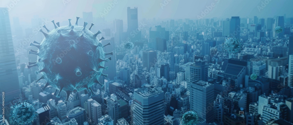 Airborne virus spread over a megalopolis, showing virus protection measures in a city setting Airborne virus spread over a megalopolis, showing virus protection measures in a city setting