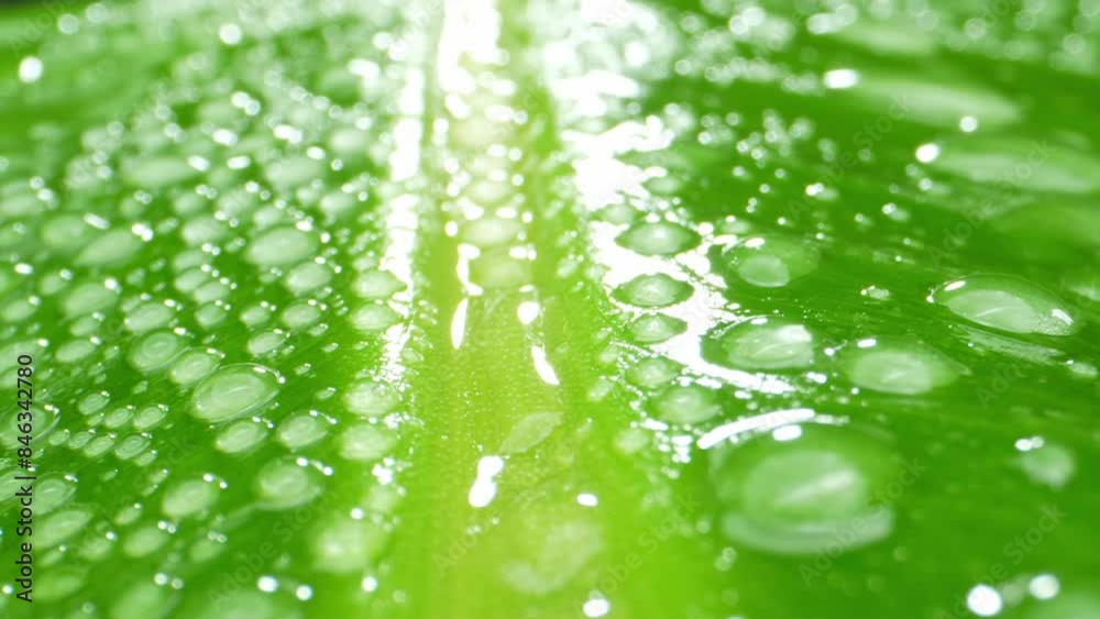 A close-up of a banana leaf adorned with glistening water droplets, unveiling its intricate texture under the play of light. A vibrant depiction of nature's elegance. Green background.
A close-up of a banana leaf adorned with glistening water droplets, unveiling its intricate texture under the play of light. A vibrant depiction of nature's elegance. Green background.