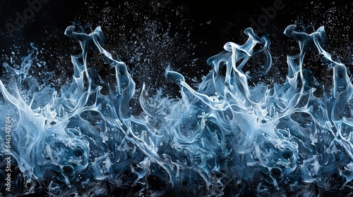 An oxymoronic design featuring flames made of ice, flickering in shades of icy blue and white, set against a stark, black background to emphasize the contrast and surrealism.  photo