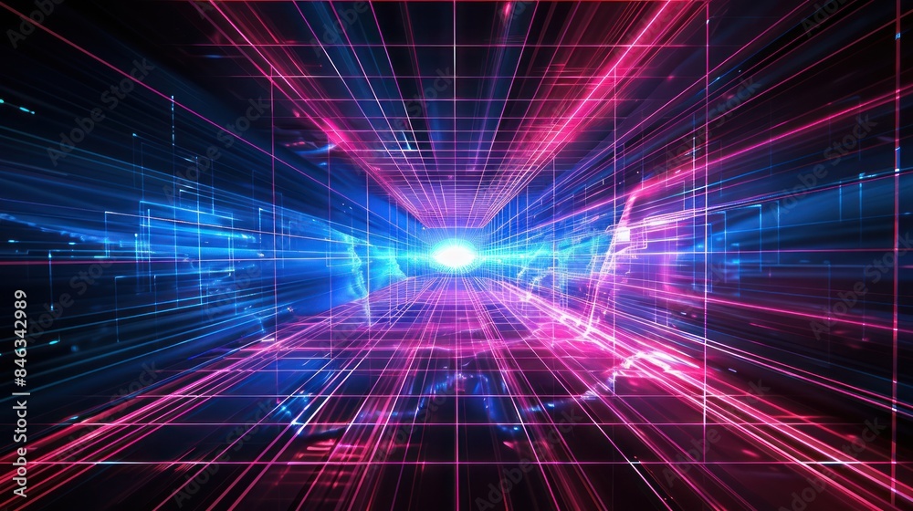Illustrate the infinite possibilities of the digital realm with a photo of a futuristic abstract background adorned with a perspective laser grid. Illustrate the infinite possibilities of the digital realm with a photo of a futuristic abstract background adorned with a perspective laser grid.