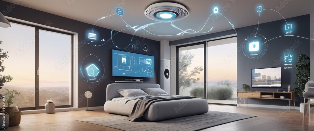 illustrate the concept of the Internet of Things with an image of a smart home, featuring various connected devices and appliances, shot from a low angle with a wide-angle lens