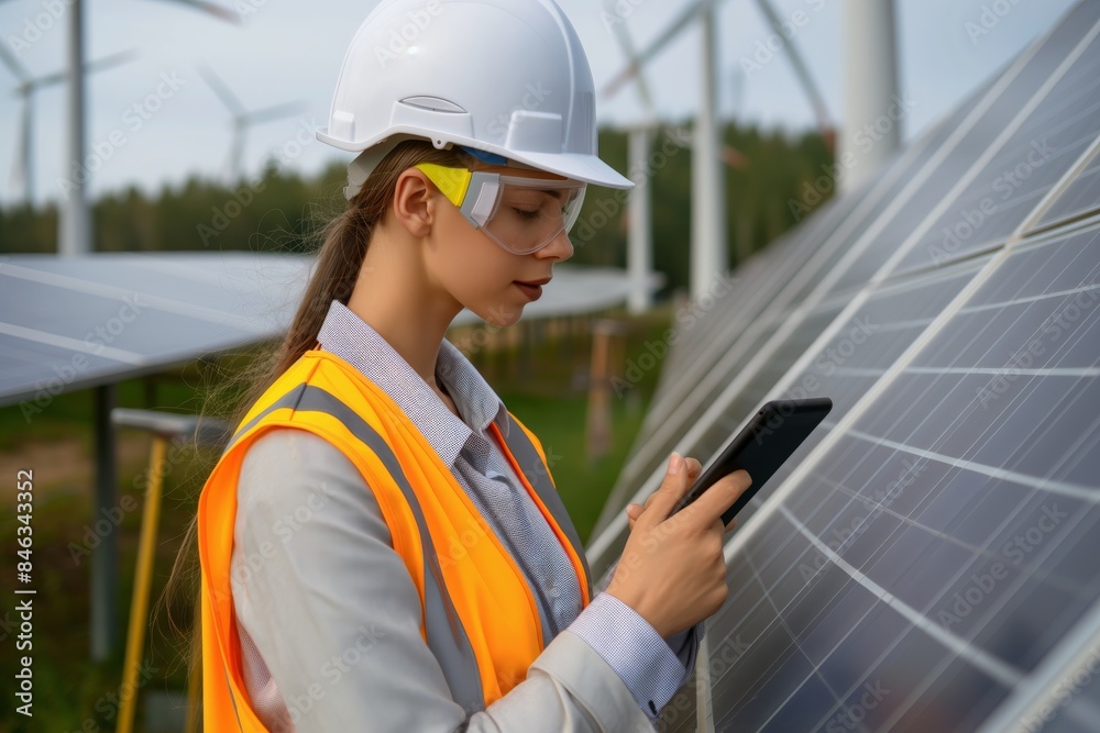 A female engineer is conducting an inspection on solar panels at a renewable energy farm in this modern and efficient setting. She wears a safety vest, hard hat, and uses a tablet A female engineer is conducting an inspection on solar panels at a renewable energy farm in this modern and efficient setting. She wears a safety vest, hard hat, and uses a tablet