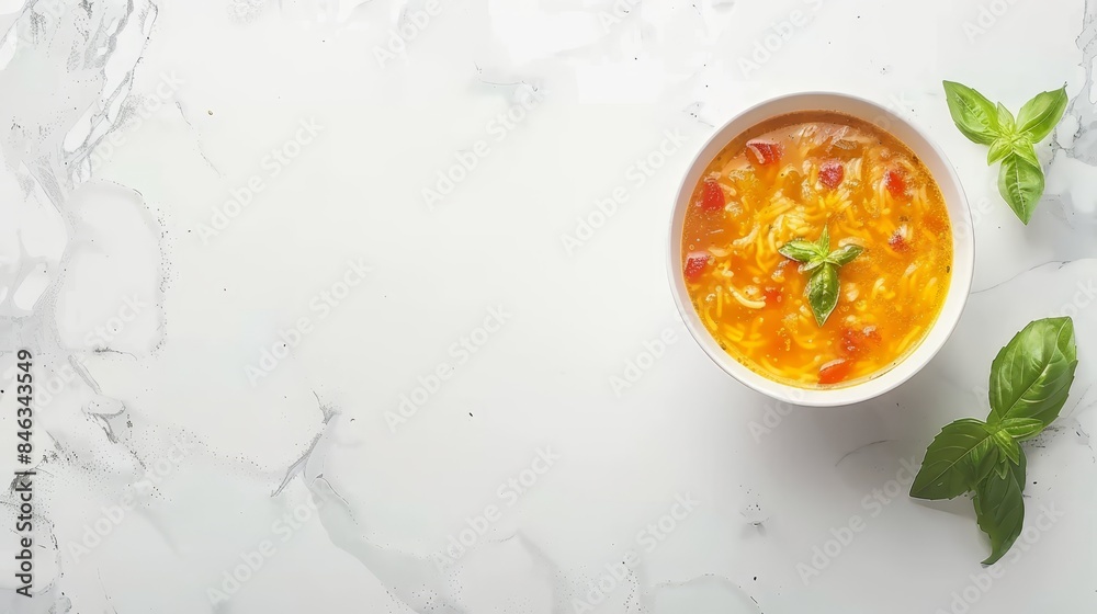 A bowl of soup sits on a table next to a leafy plant A bowl of soup sits on a table next to a leafy plant