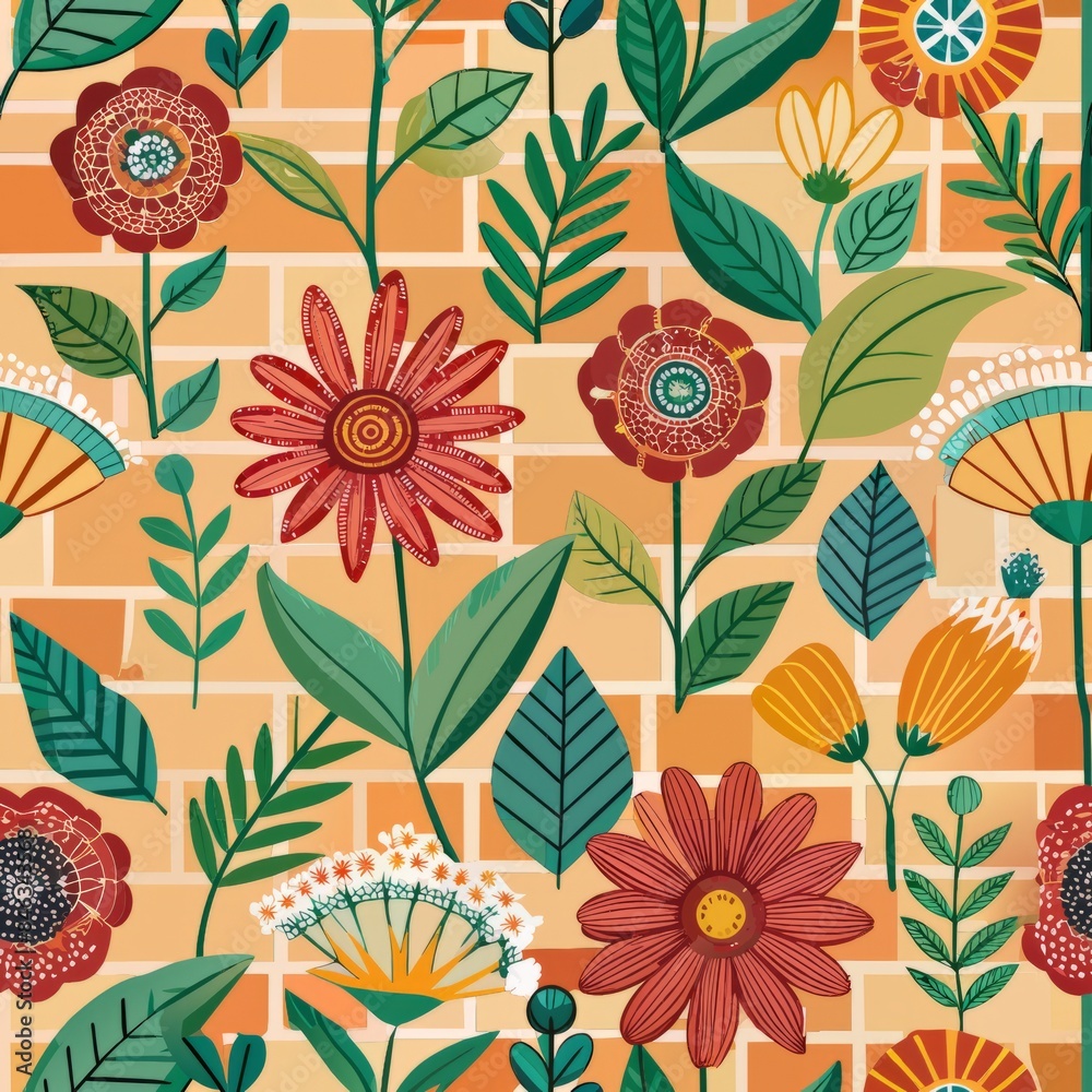 Seamless pattern of bricks with floral motifs and botanical designs, Generative AI Seamless pattern of bricks with floral motifs and botanical designs, Generative AI