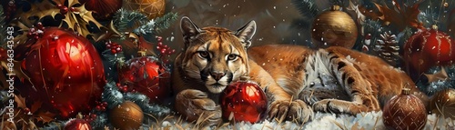 Eye-level angle of a cougar surrounded by Christmas ornaments in a sunny July setting, festive decor, summer-themed holiday celebration, joyful wildlife, meticulous oil painting, rich and detailed