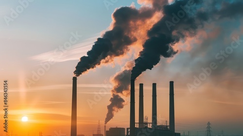 Industrial Smokestacks Emitting Pollutants: Photograph industrial smokestacks belching out dark smoke and pollutants into the atmosphere, emphasizing the source of air pollution.  photo