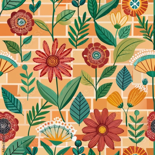 Seamless pattern of bricks with floral motifs and botanical designs, Generative AI