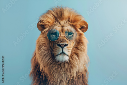 close up of Lion with sunglasses on color background Image, Stylish portrait of dressed up, Lion wearing colored shaded sunglass on retro background 