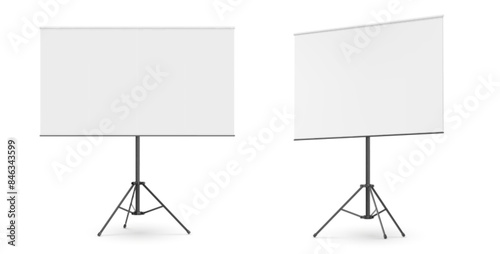 Black metallic tripod with whiteboard for presentation. Realistic 3d vector mockup of blank flipchart on metal stand for business and education seminar. template of empty portable projector screen.