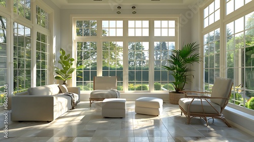 A sunroom with a clean, minimalist design, featuring simple furniture, neutral colors, and large windows allowing an abundance of natural light