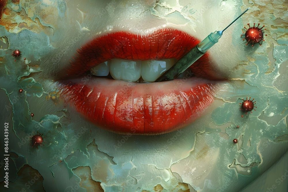 Fototapeta premium Surreal Medical Concept, Red Lips with Syringe, Biological Elements, Digital Art for Science Fiction