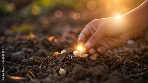 A child's hand holding a single, wilted seed illuminated by a warm lamplight. Contrast this with another child's hand planting a handful of seeds in fertile soil bathed in the soft light of dawn.