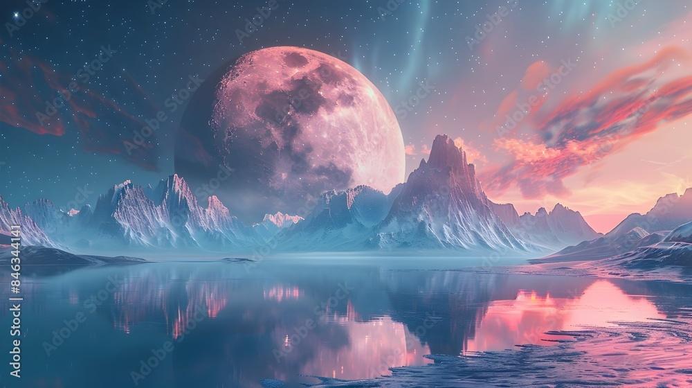Cosmic Celestial Landscape with Geometric Abstract Backdrop