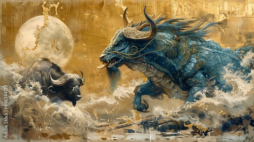 A powerful dragon with a strong buffalo on a solid bright amber gold background