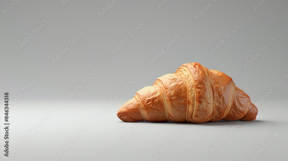 A croissant, bite removed, atop a white table against a gray backdrop A croissant, bite removed, atop a white table against a gray backdrop