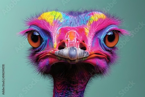 Colorful and Surreal Ostrich Close-Up Portrait for Creative Design and Posters photo