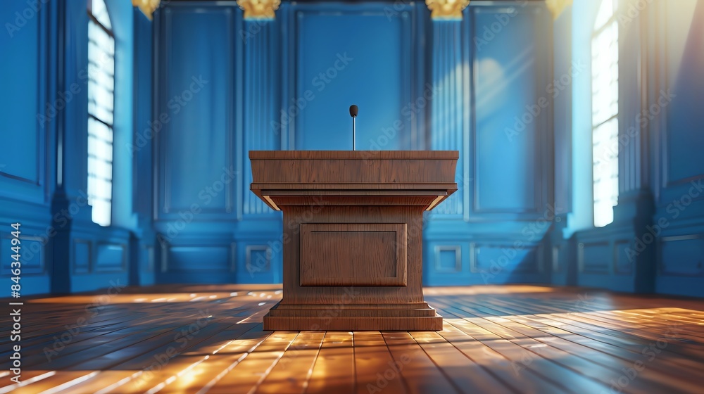 A wooden podium stands in a sunlit room with blue walls and wood floor. A wooden podium stands in a sunlit room with blue walls and wood floor.
