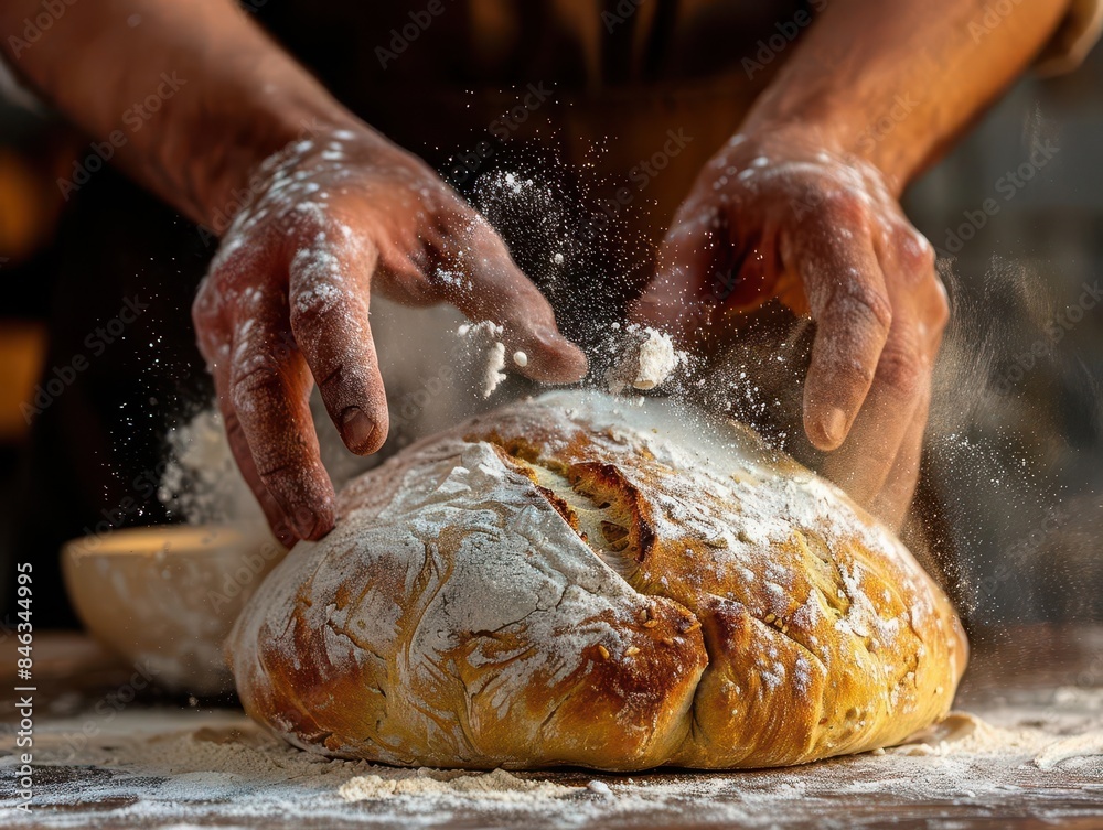Artisan baker's hands kneading dough and dusting flour while making bread Artisan baker's hands kneading dough and dusting flour while making bread