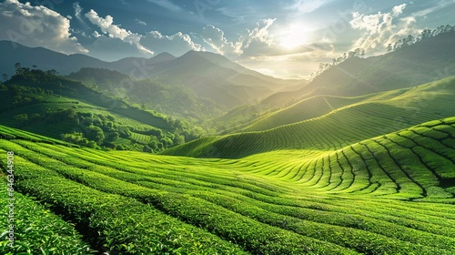 Sunlit Green Tea Plantation Background with Rolling Hills and Blue Sky, Generative AI © RojOct
